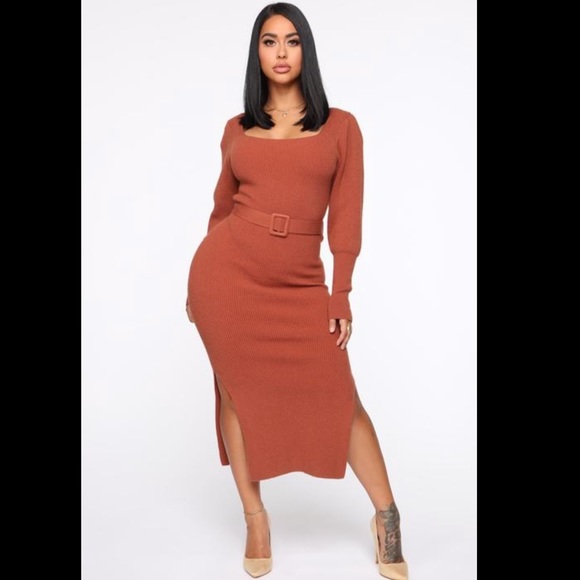 Fashion Nova Dresses & Skirts - NWT Real Retro Sweater Midi Dress - Cognac XS
